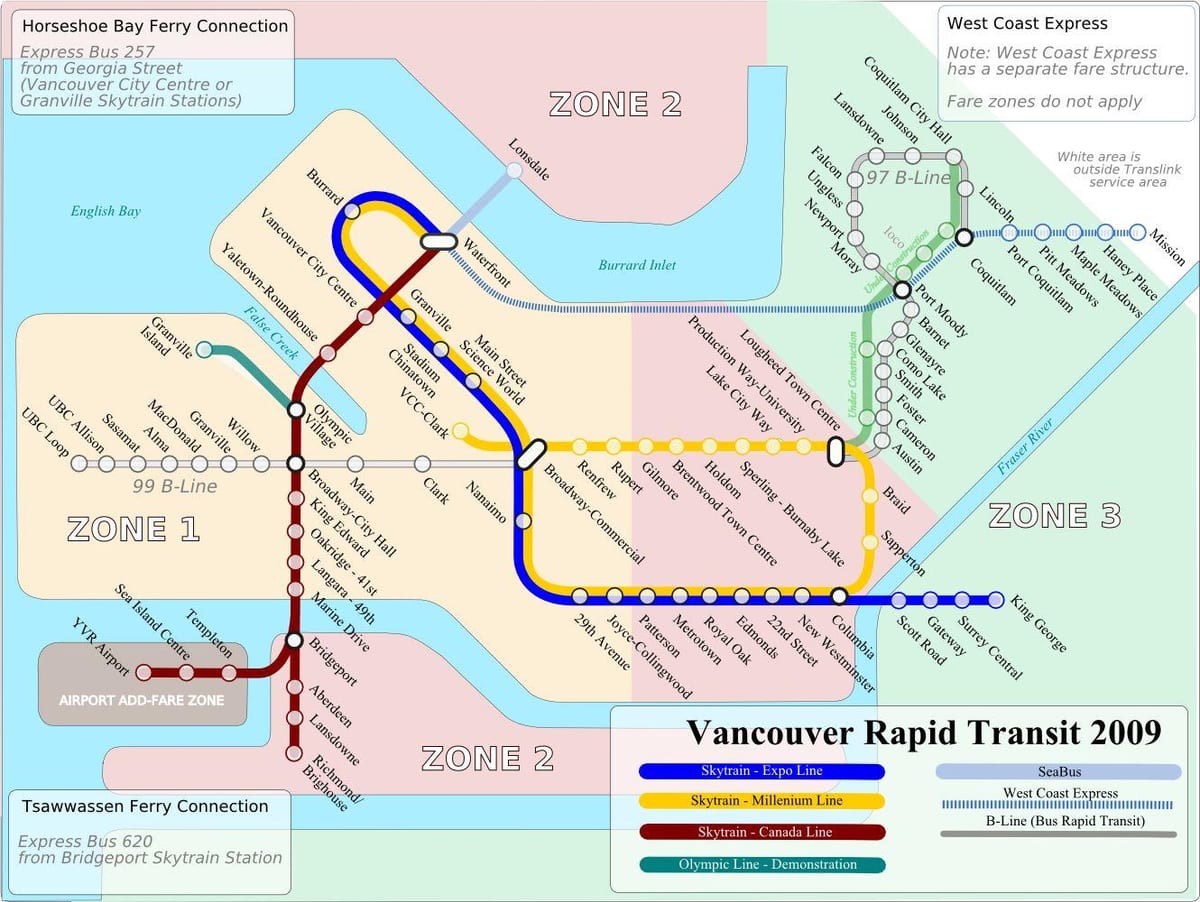وینکوور skytrain کی طرف اشارہ زون کا نقشہ