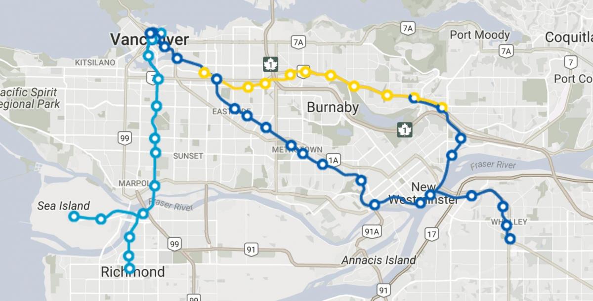skytrain کی طرف اشارہ وینکوور کے راستوں کا نقشہ